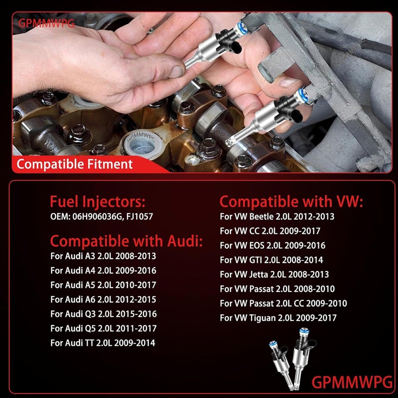GPMMWPG 4Pcs Fuel Injectors 06H906036G Upgraded Injector 6 Holes 2.0L L4 GDI Gas Compatible with Audi A3 A4 A5 A6 Q3 Q5 TT 2008-2016, for VW Passat Jetta CC EOS GTI Beetle Tiguan 2008-2017 Set of 4 - Image 2